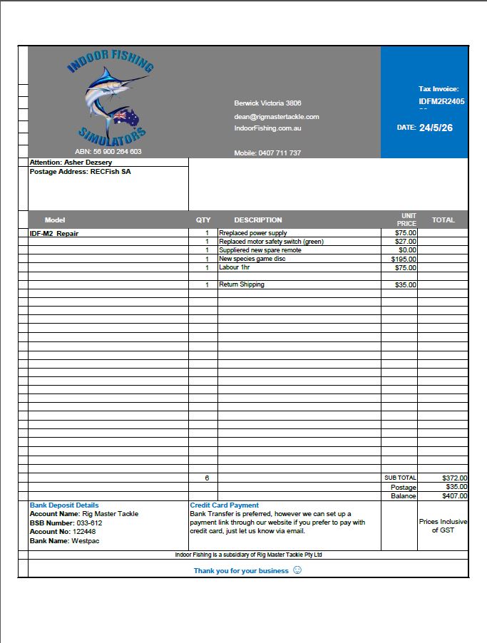 RECFish SA Simulator Repair Invoice – Rig Master Tackle